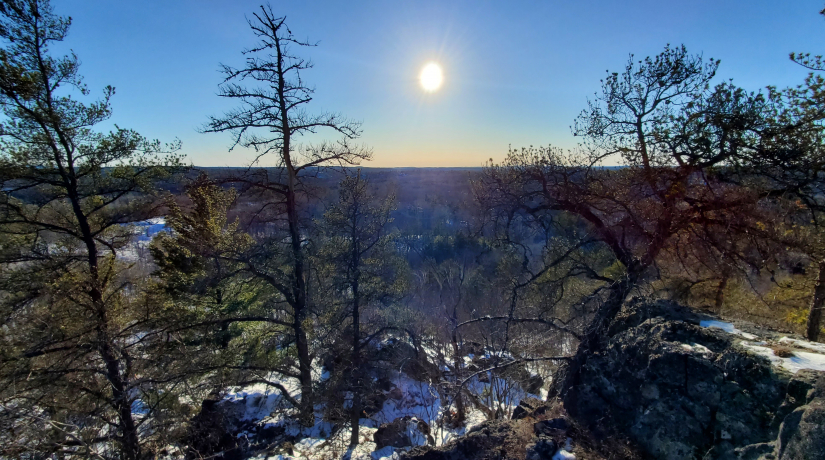 Image of a low winter sun over a rocky hill and forest 