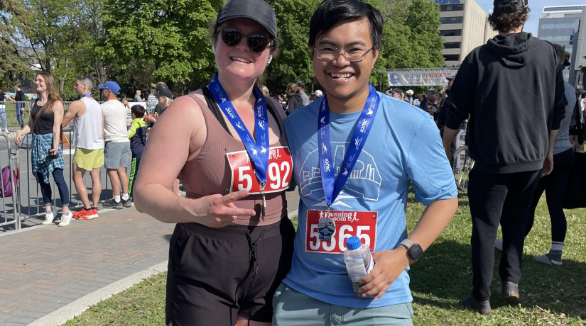 (L-R) Alyne Lalonde and Derek Leung ran the 10-kilometre course as part of the Sudbury Rocks Marathon on May 26, 2024. 